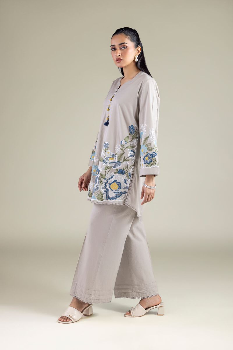 Embroidered | Cambric | Relaxed Beige Pants | USD 25.00