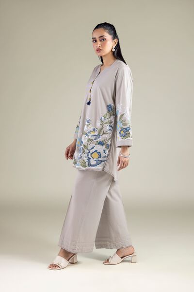 Embroidered | Cambric | Relaxed Beige Pants | USD 25.00