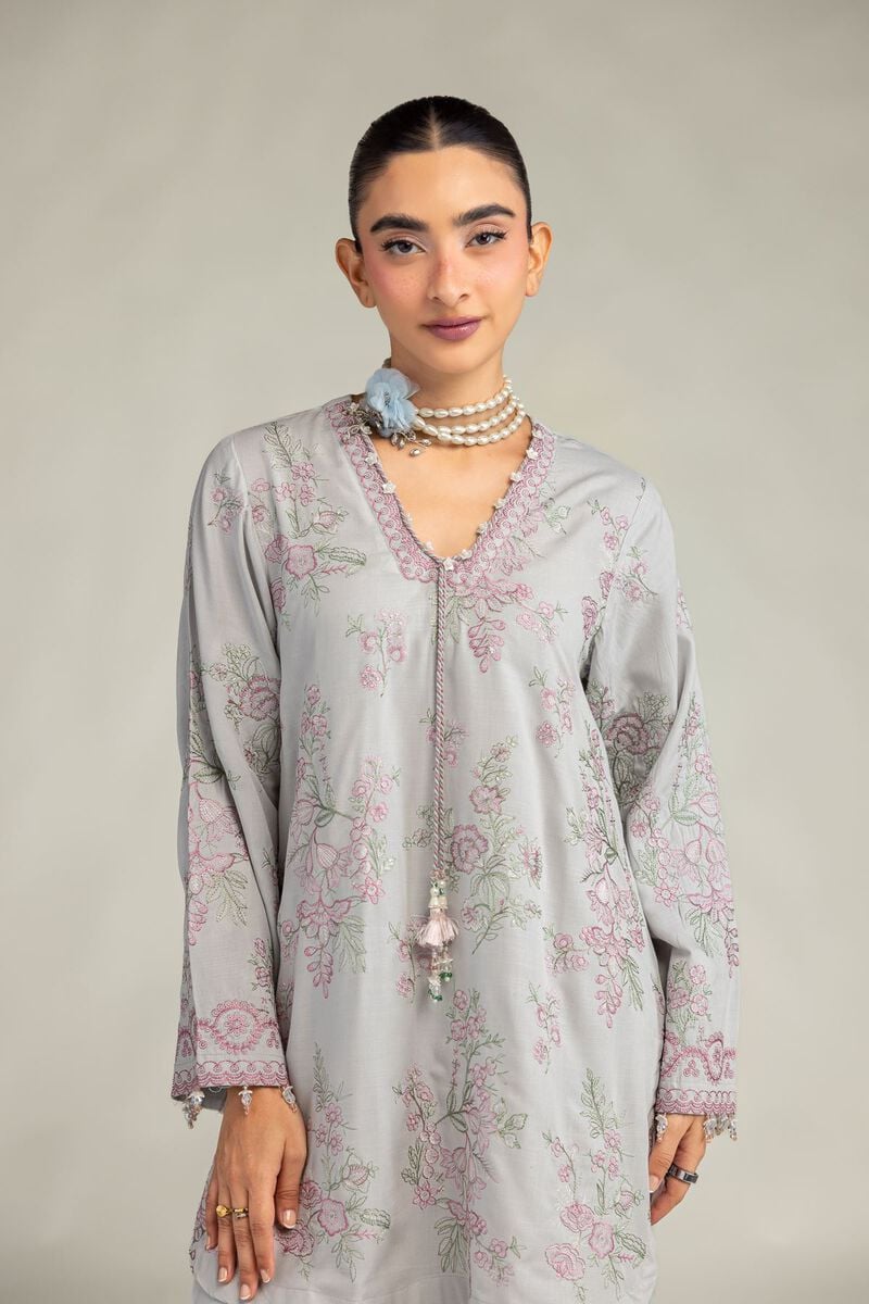 Embroidered | Raw Silk | Floral V-Neck Kurta | USD 60.00