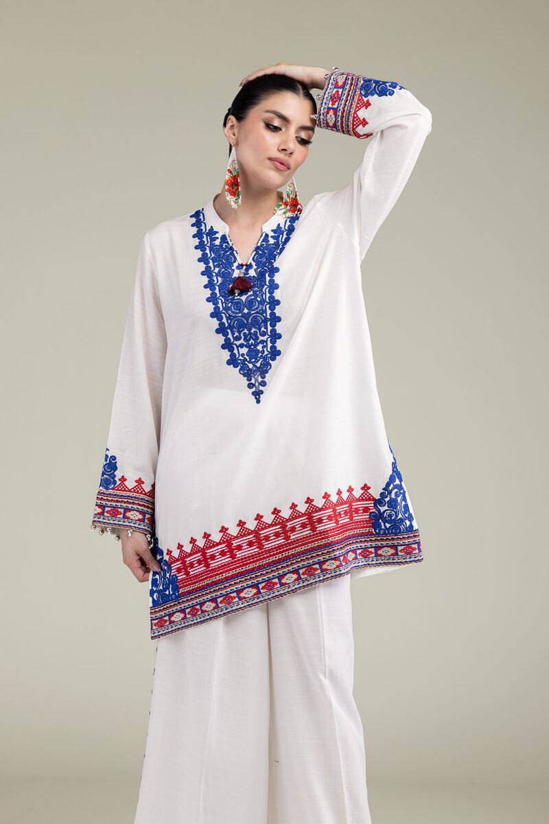 Embroidered | Raw Silk | White V-Neck Kurta | USD 13.50