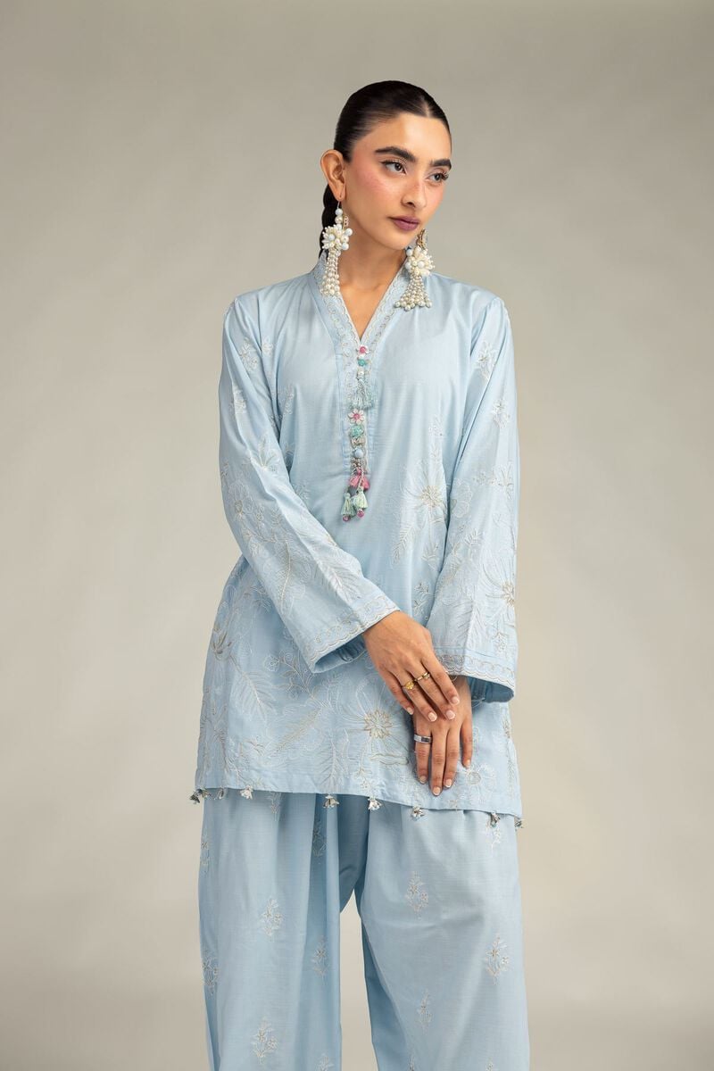 Embroidered | Raw Silk | Blue Floral Kurta | USD 60.00
