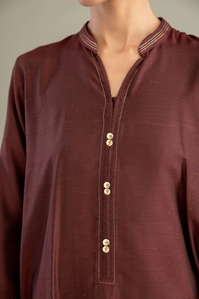 Dyed | Mesuri Silk | Brown V-Neck Kurta | USD 35.00