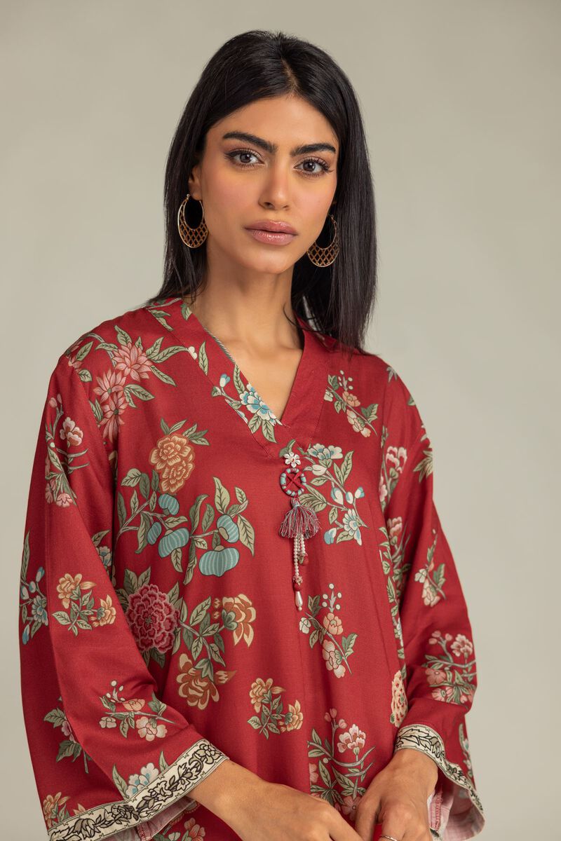 Printed | Raw Silk | Floral Red Kurta | USD 40.00