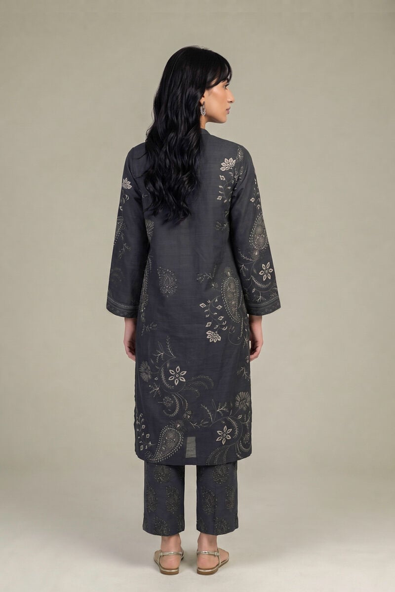 Printed | Light Khaddar | Black V-Neck Kurta | USD 40.00