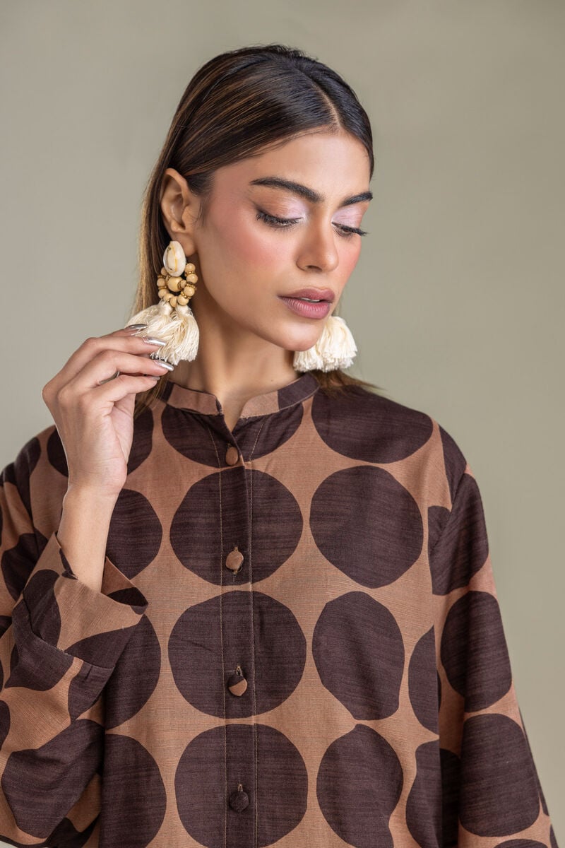 Printed | Light Khaddar | Brown Longline Kurta | USD 35.00