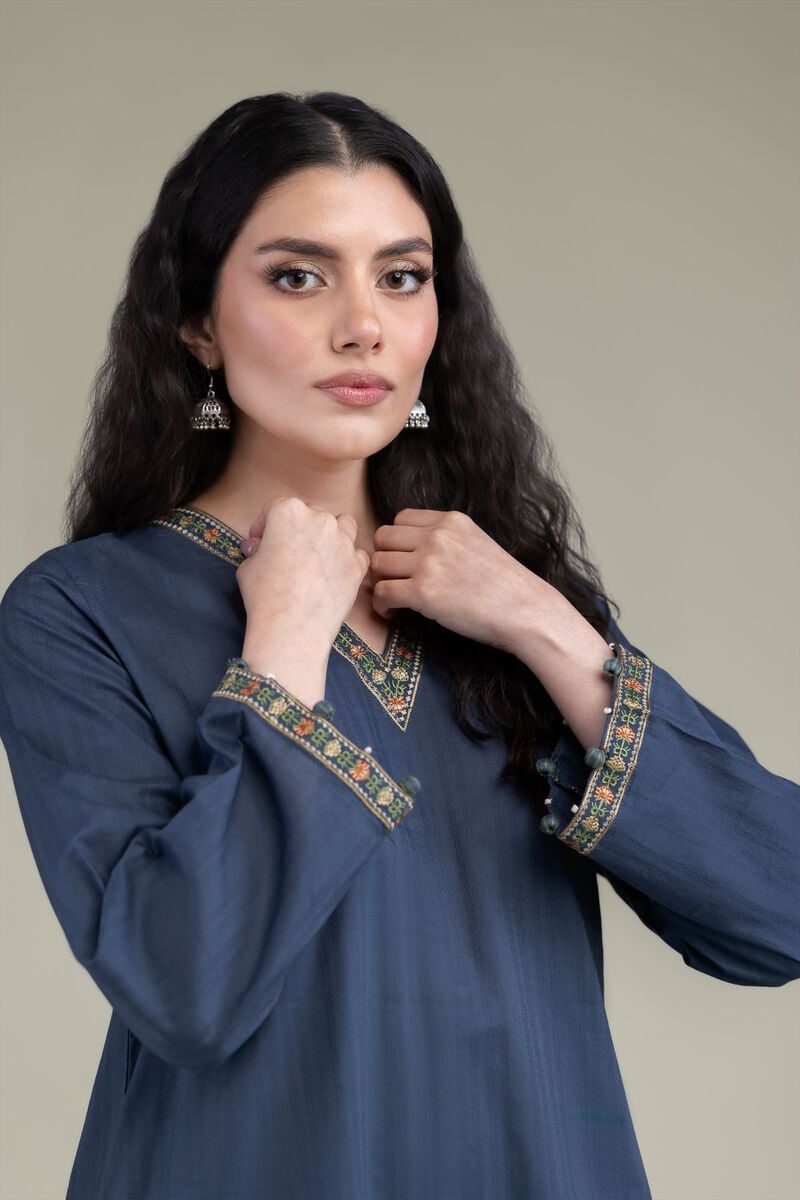 Embroidered | Cotton Dobby | Navy V-Neck Kurta | USD 35.00