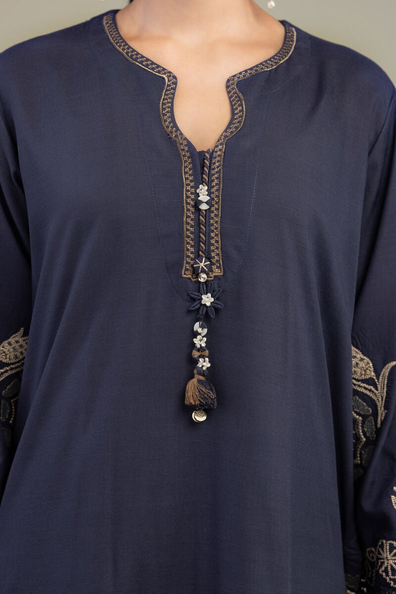 Embroidered | Raw Silk | Floral Navy Kurta | USD 65.00