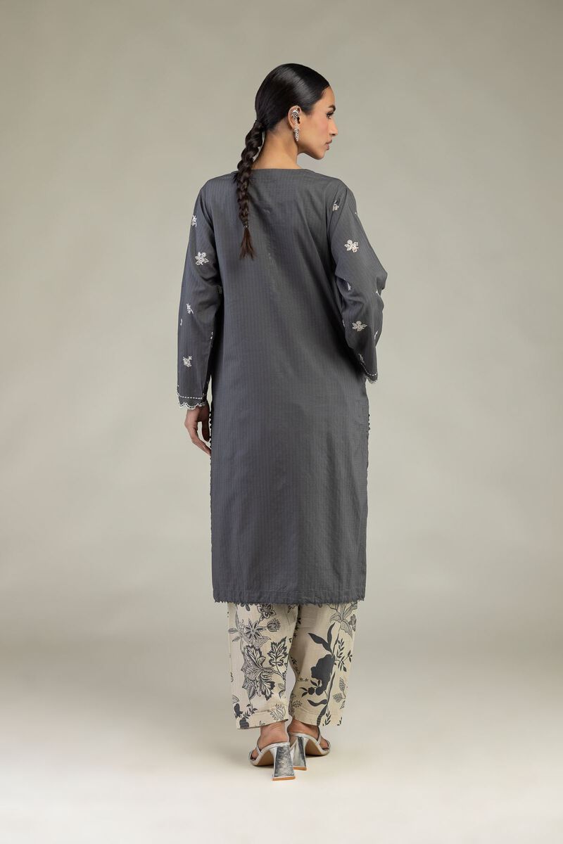 Embroidered | Cotton Dobby | Gray Longline Kurta | USD 55.00