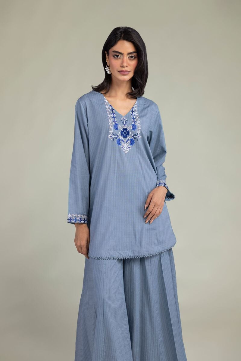 Embroidered | Cotton Dobby | Blue V-Neck Kurta | USD 35.00