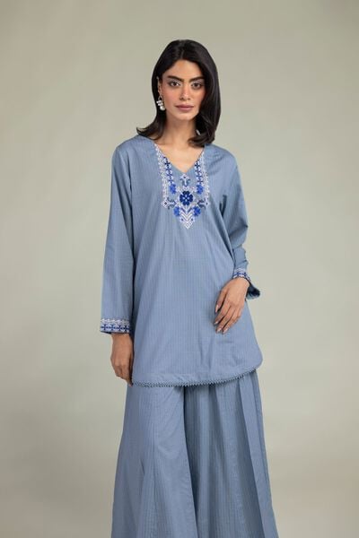 Embroidered | Cotton Dobby | Blue V-Neck Kurta | USD 35.00