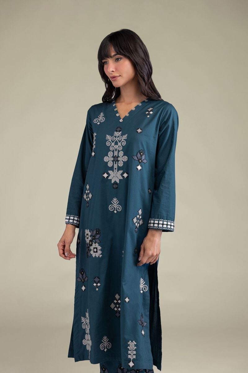 Embroidered | Cambric | Teal Longline Kurta | USD 35.00
