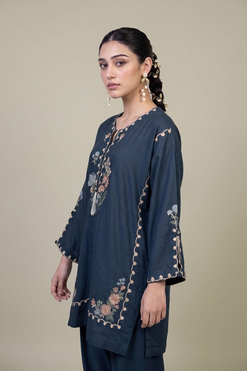 Embroidered | Raw Silk | Floral Navy Kurta | USD 45.00