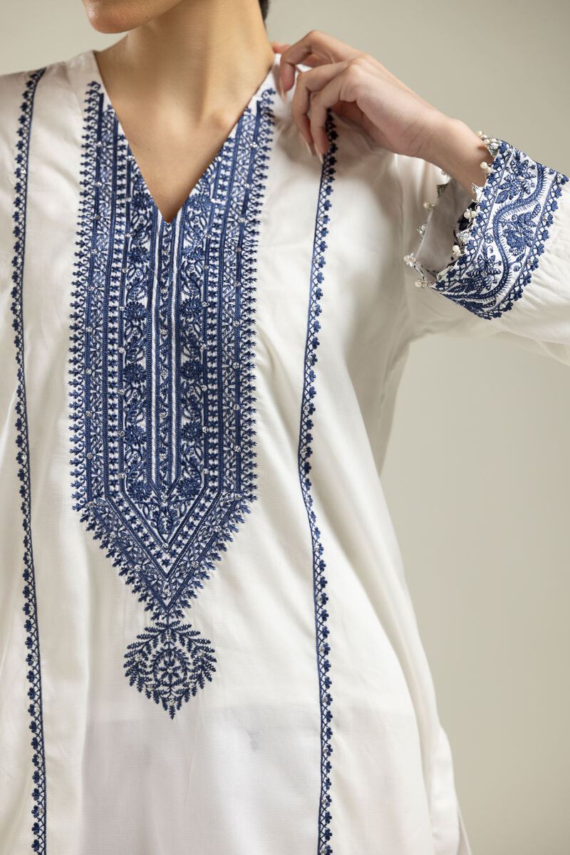 Embroidered | Textured Weave | White Embroidered Kurta | USD 40.00