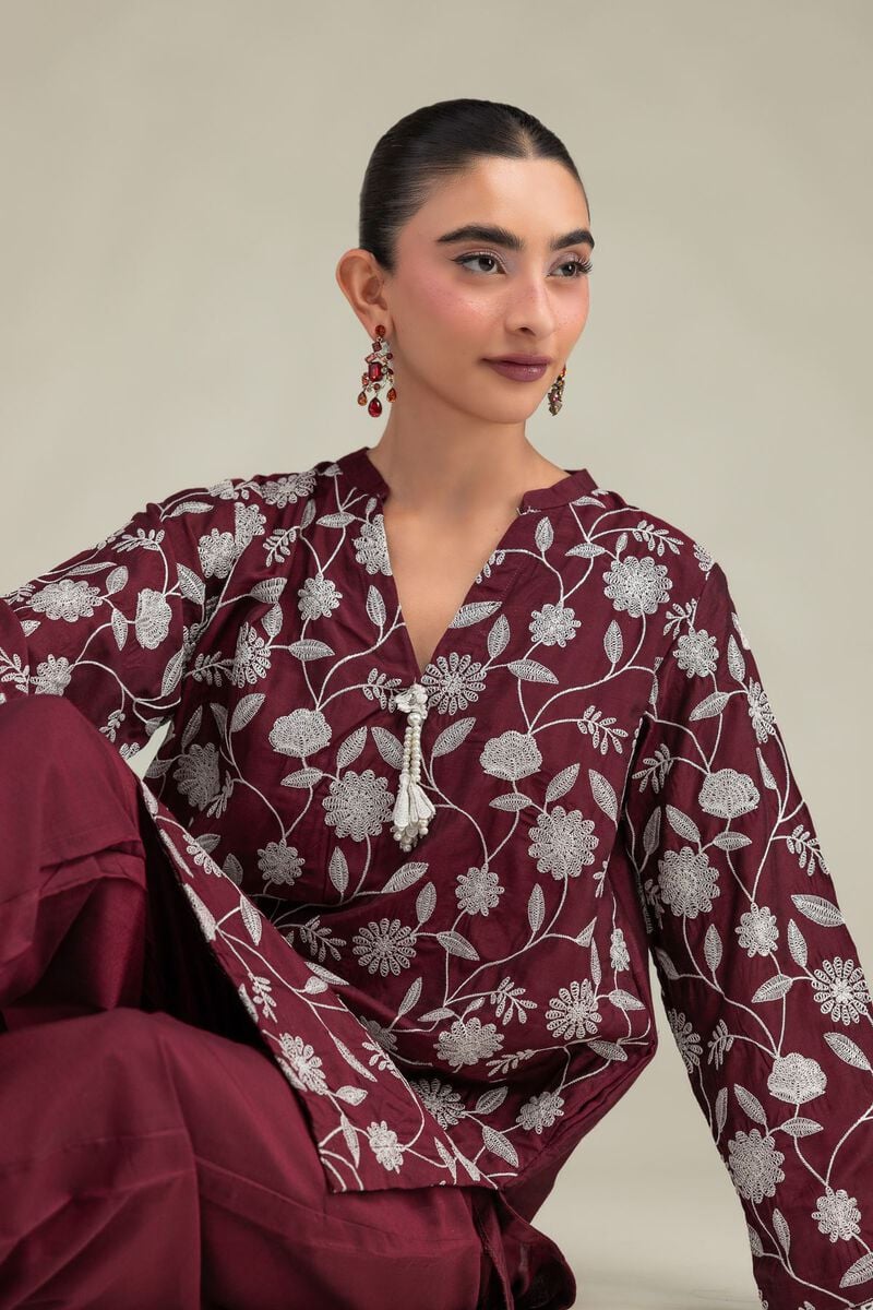 Printed | Raw Silk | Floral Maroon Kurta | USD 55.00