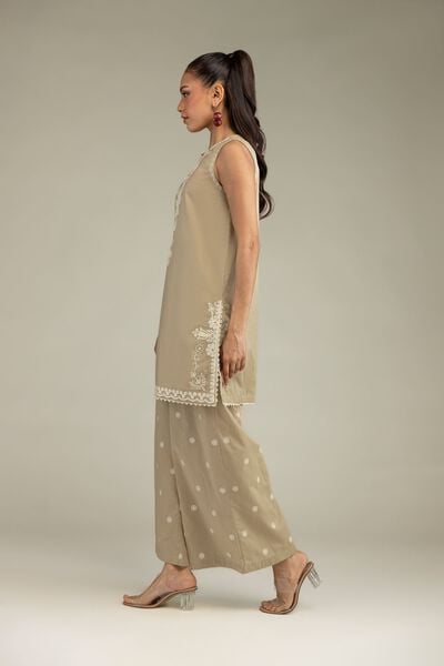 Embroidered | Cambric | Beige Cambric Pants | USD 35.00