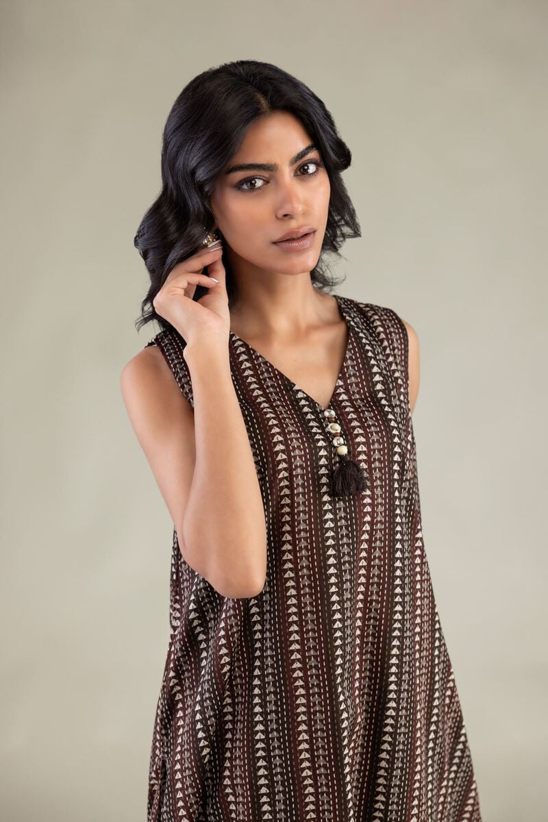 Printed | Cambric | Brown Sleeveless Kurta | USD 35.00