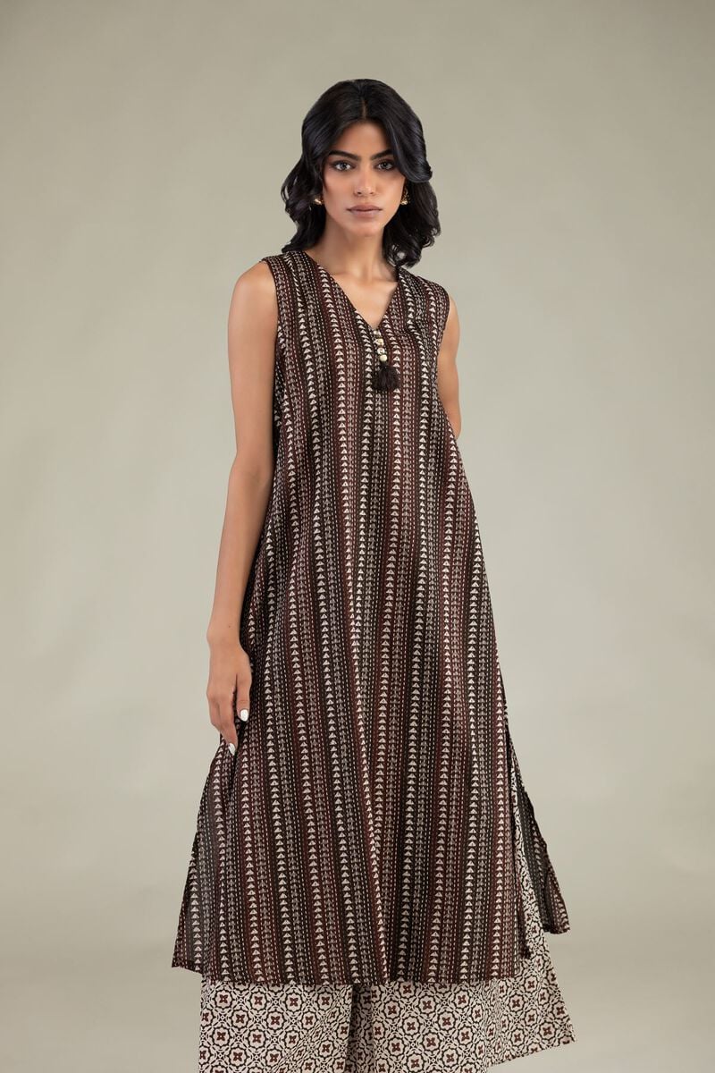 Printed | Cambric | Brown Sleeveless Kurta | USD 35.00