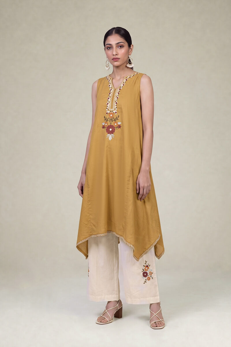 Embroidered | Cambric | Mustard Sleeveless Kurta | USD 40.00