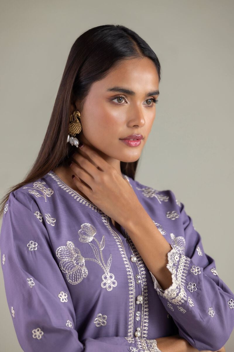 Embroidered | Raw Silk | Floral V-Neck Kurta | USD 55.00