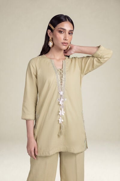 Embroidered | Cambric | Beige Cambric Kurta | USD 40.00