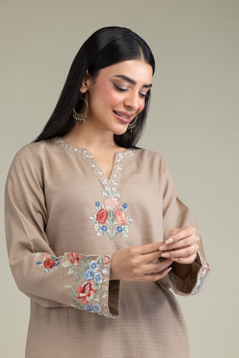 Embroidered | Cotton Dobby | Floral Beige Kurta | USD 40.00