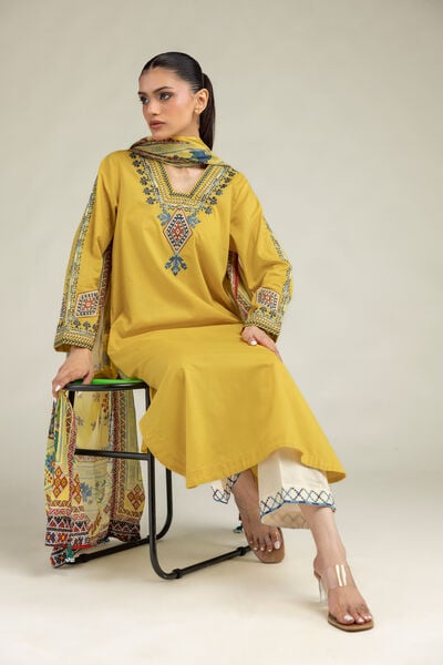 Embroidered | Cambric | Yellow Longline Kurta | USD 40.00