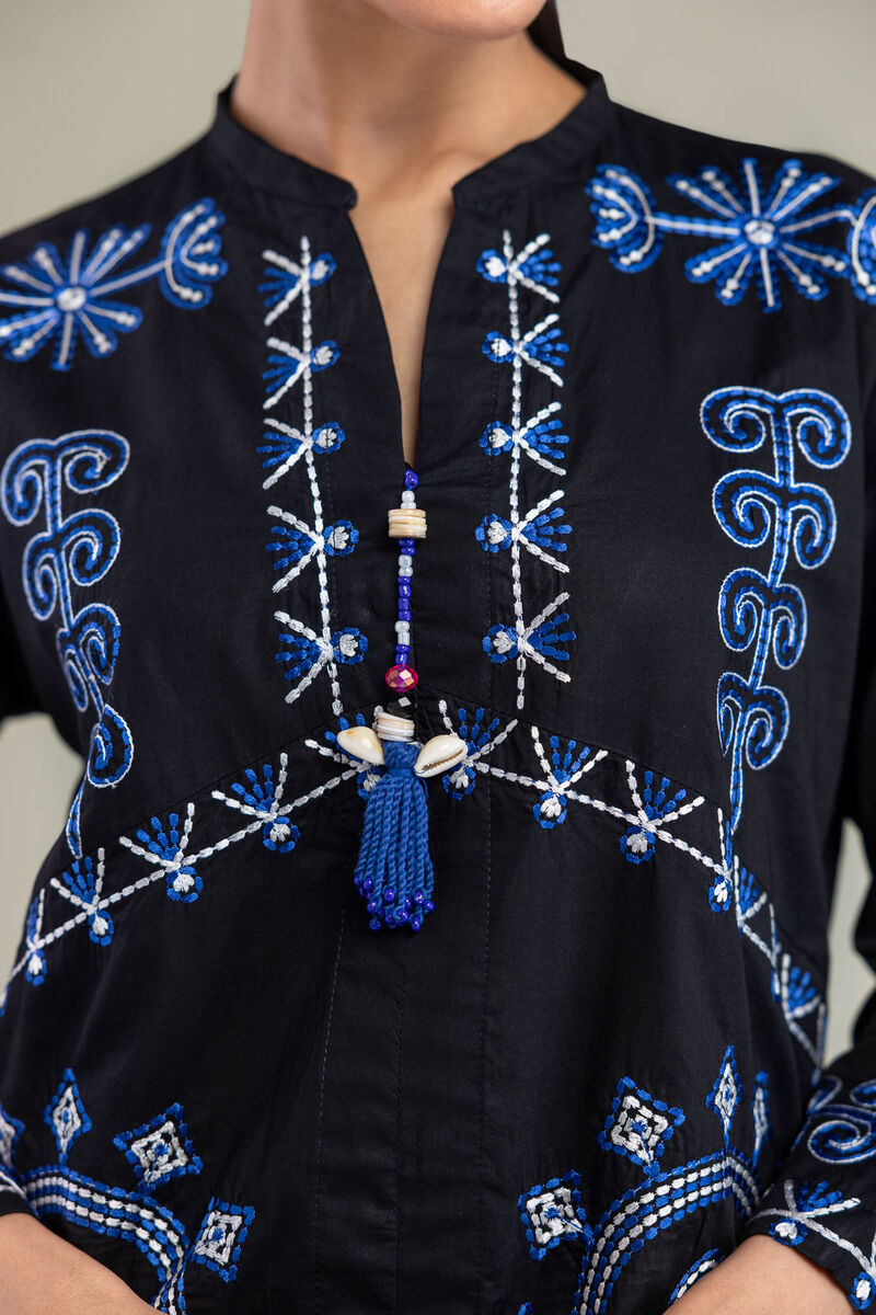 Embroidered | Cambric | Black V-neck Tunic | USD 40.00