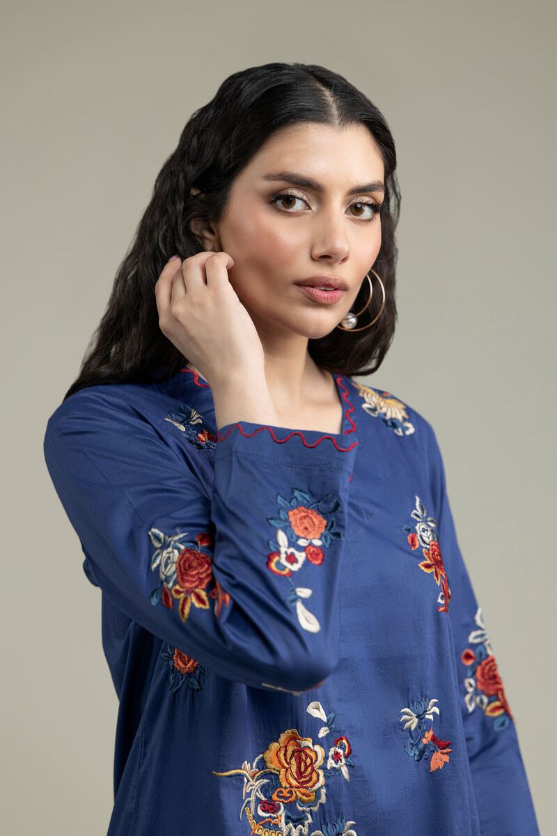 Embroidered | Cambric | Blue V-Neck Kurta | USD 40.00