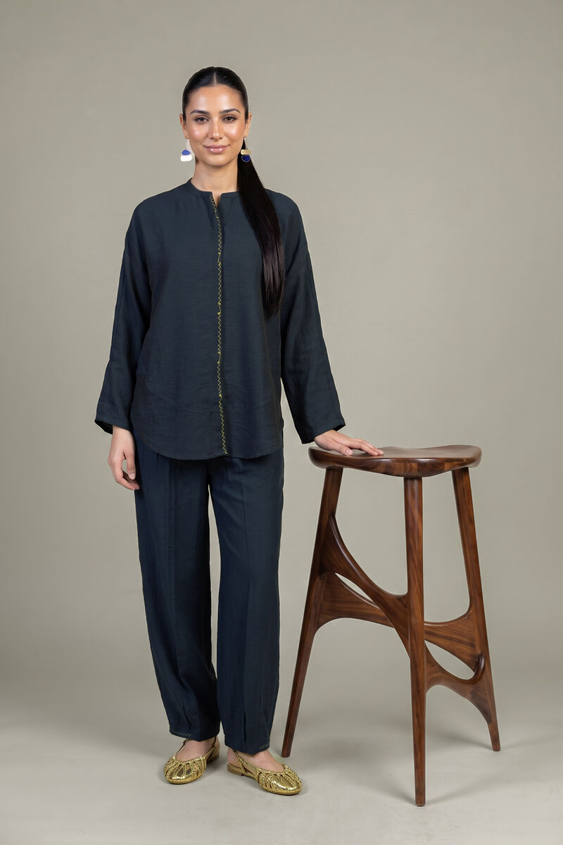 Dyed | Crepe | Navy Solid Blouse | USD 40.00