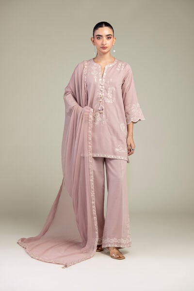 Embroidered | Raw Silk | V-Neck Pink Kurta | USD 55.00