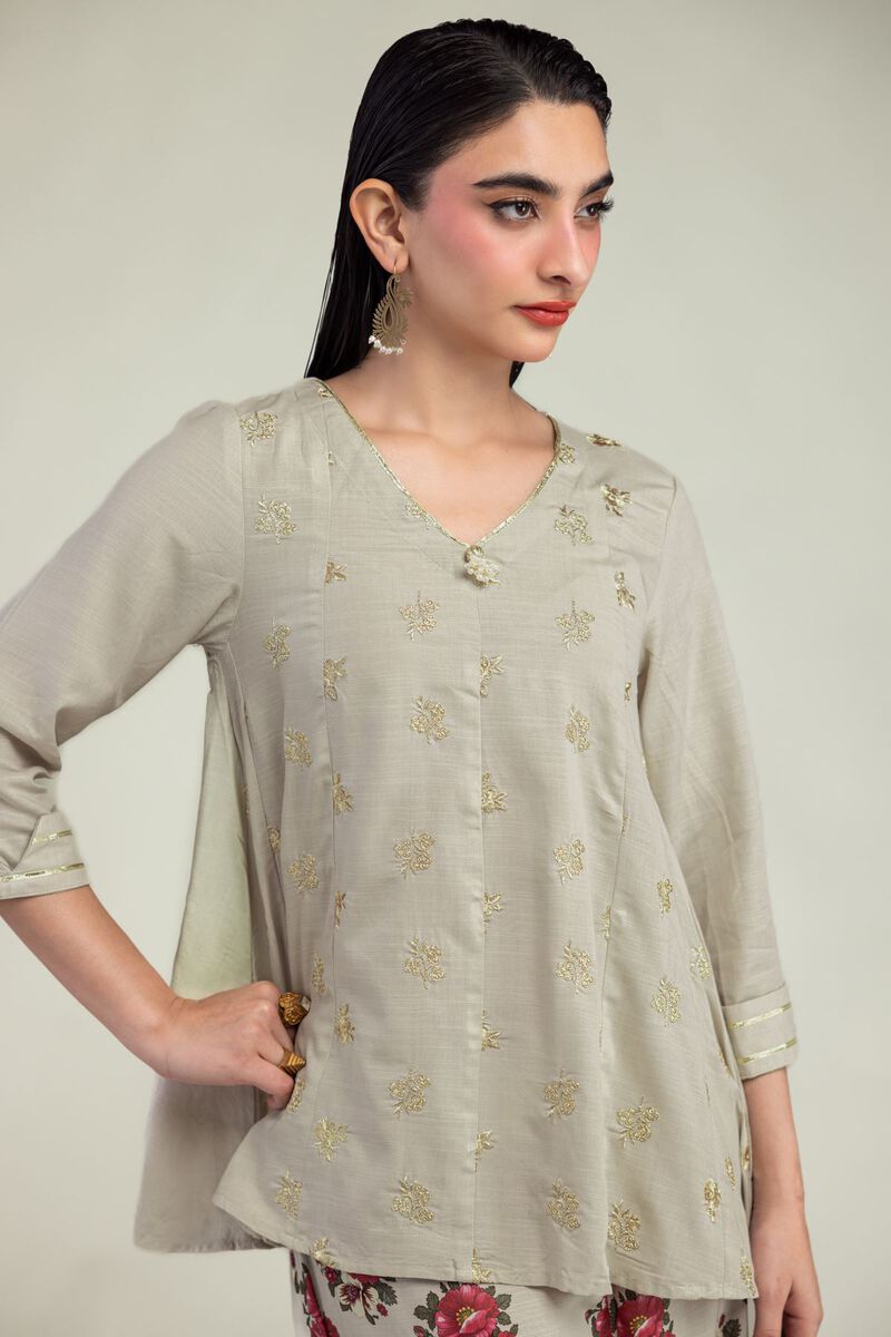 Embroidered | Raw Silk | Beige V-Neck Kurta | USD 40.00