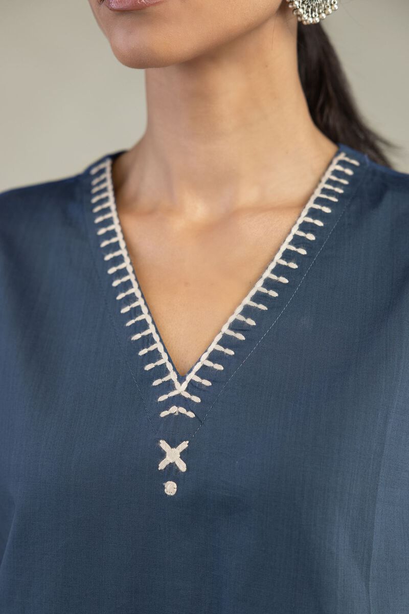 Textured Cotton | Embroidered | Long V-Neck Kurta | USD 35.00