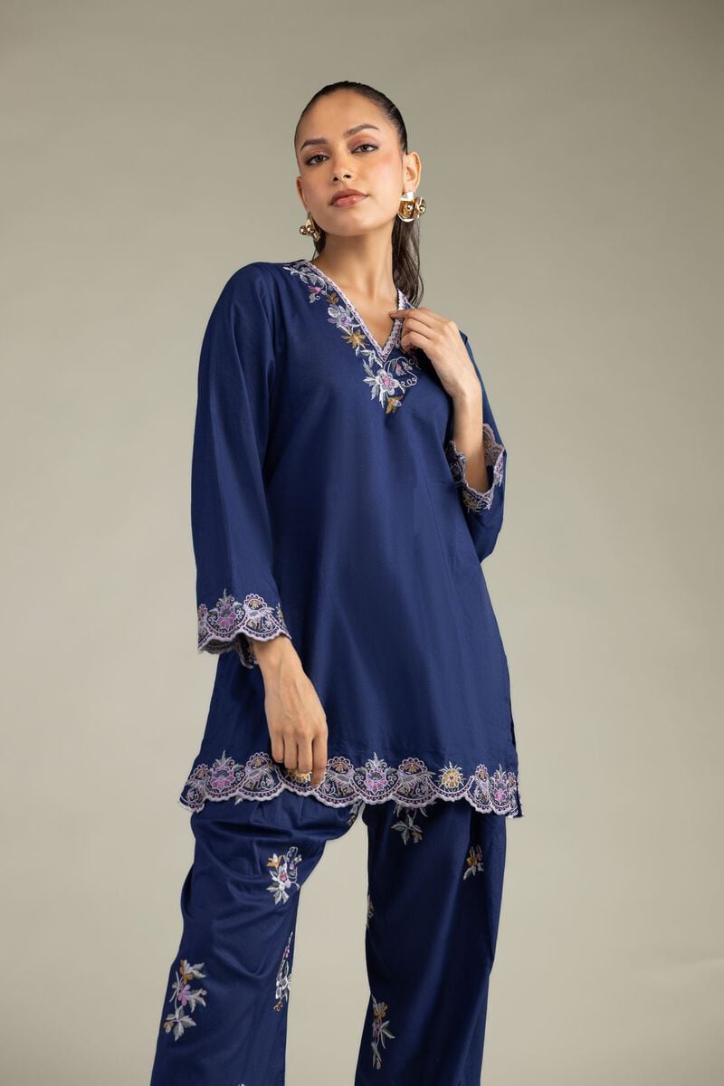 Embroidered | Cambric | Cambric Navy Kurta | USD 45.00