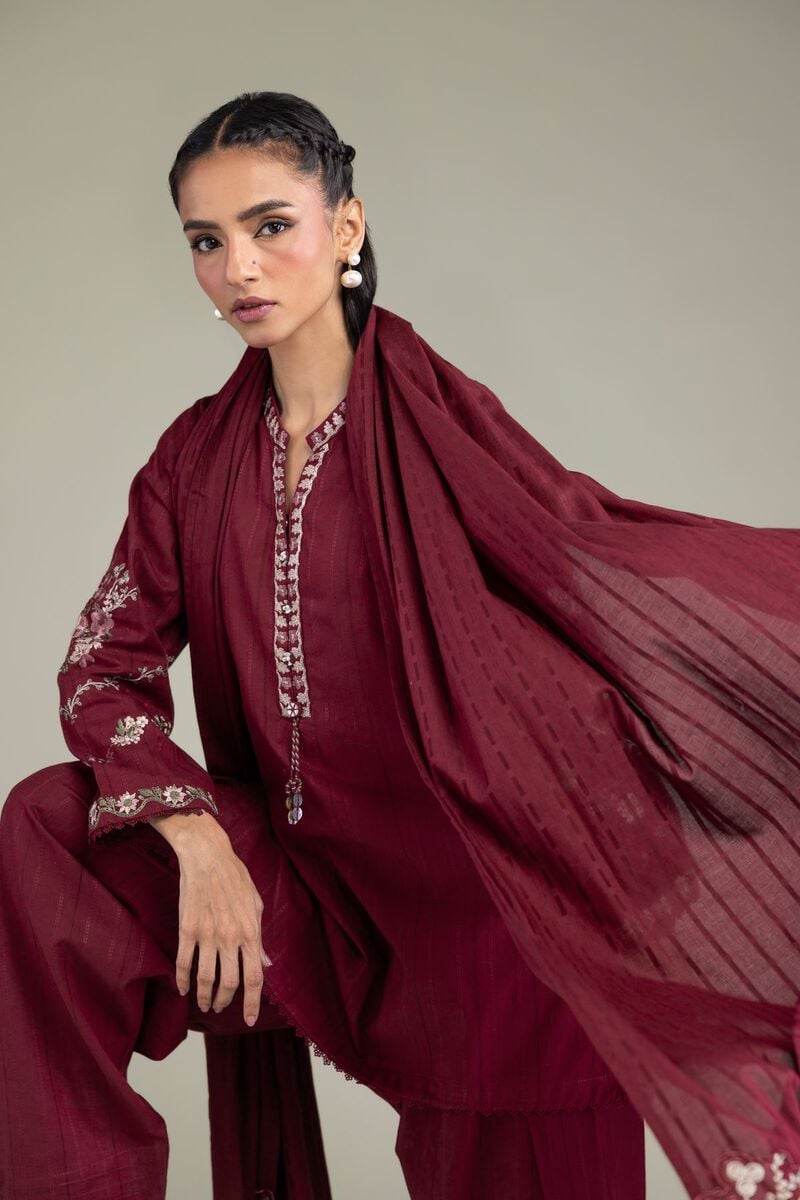 Embroidered | Textured Cotton | Floral Maroon Dupatta | USD 35.00