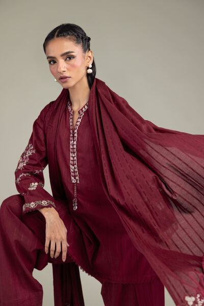 Embroidered | Textured Cotton | Floral Maroon Dupatta | USD 35.00