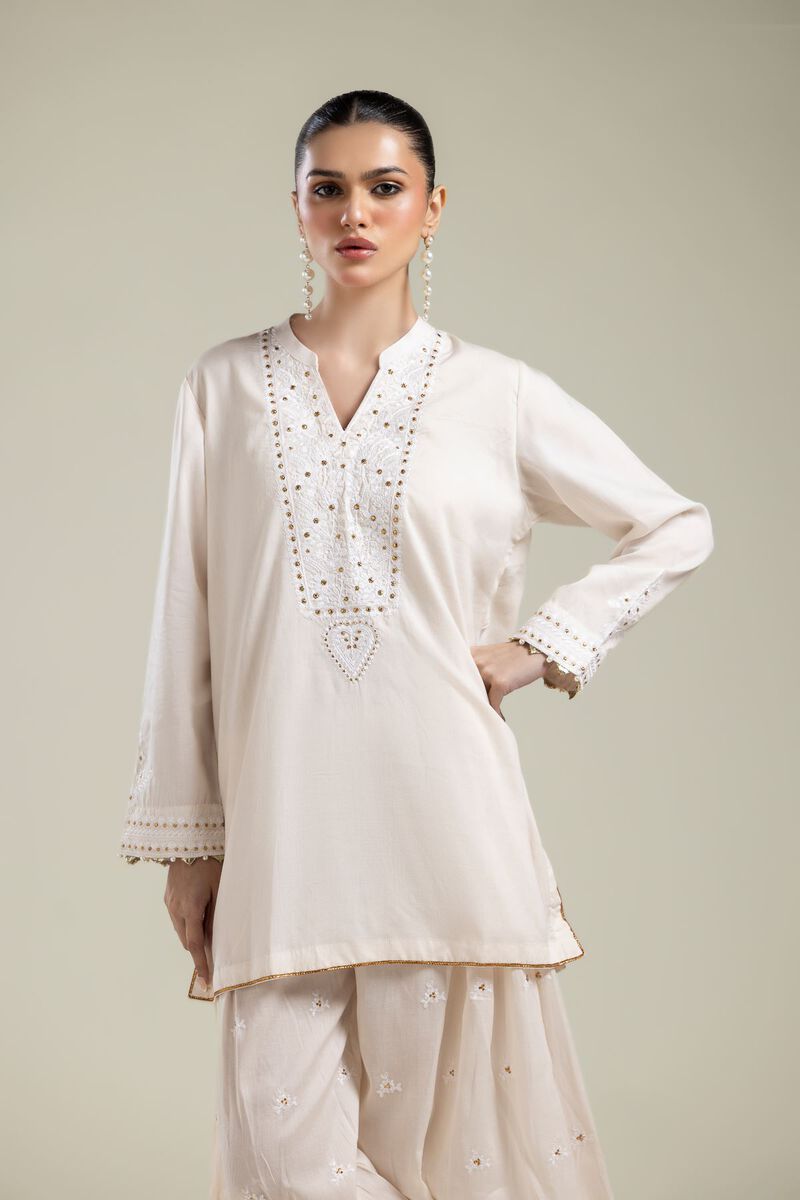 Embroidered | Textured Weave | Short V-Neck Kurta | USD 40.00