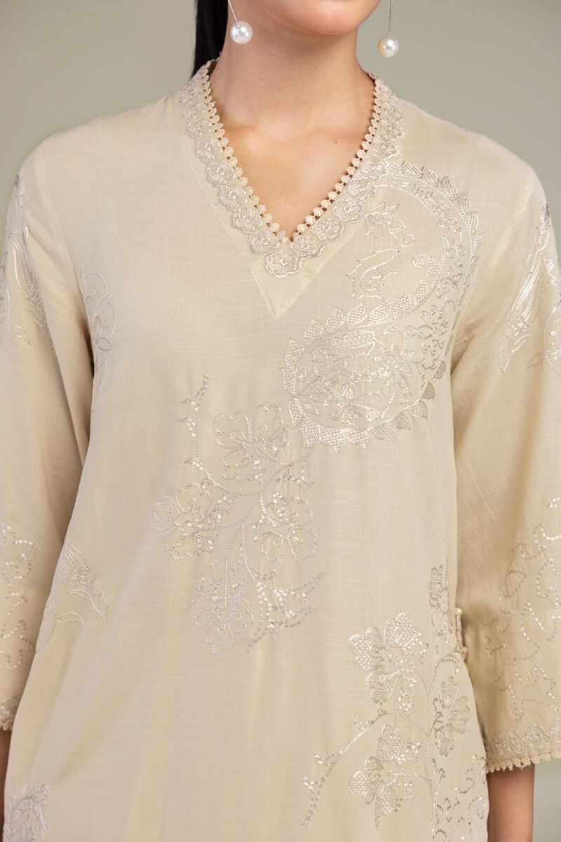 Embroidered | Raw Silk | Floral V-Neck Kurta | USD 60.00