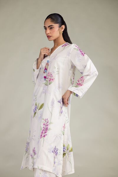 Printed | Cotton Viscose | White V-Neck Kurta | USD 35.00