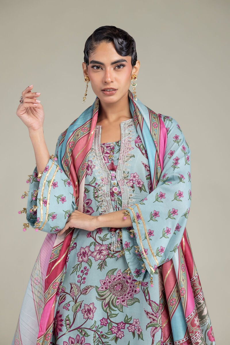 Embroidered | Polyester Silk | Blue Floral Dupatta | USD 35.00