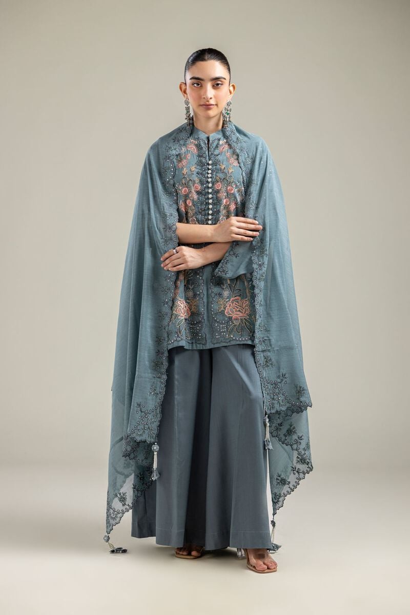 Paper Silk | Floral Teal Dupatta | USD 40.00