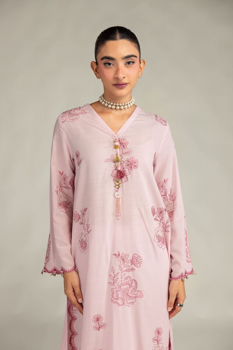Embroidered | Raw Silk | Pink Longline Kurta | USD 65.00