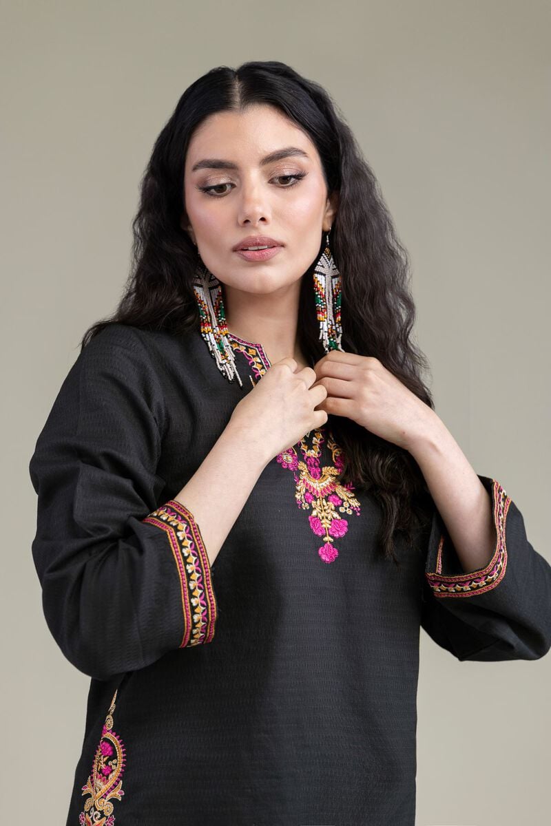 Embroidered | Cotton Dobby | Black V-Neck Kurta | USD 35.00