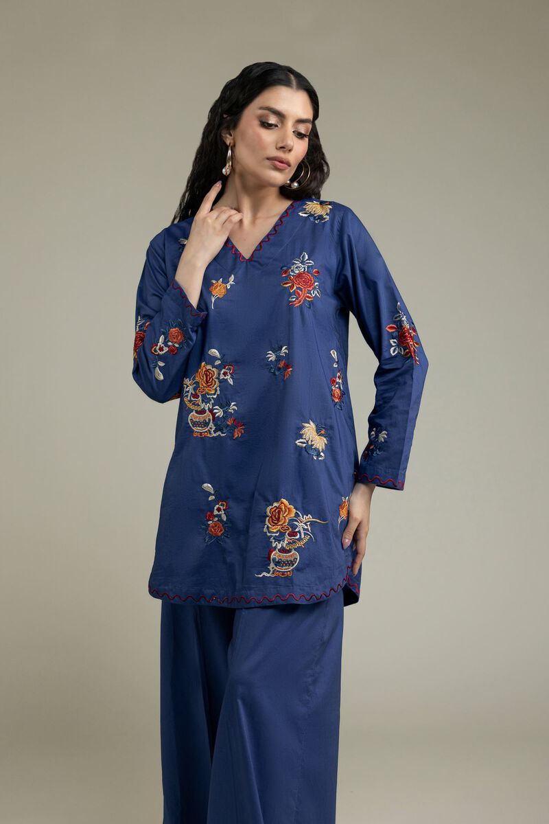 Embroidered | Cambric | Blue V-Neck Kurta | USD 40.00