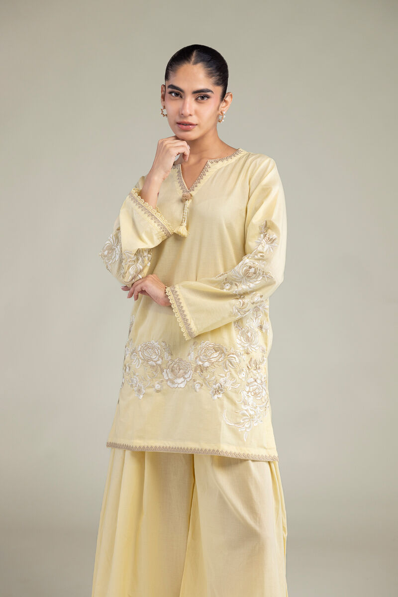Embroidered | Cambric | Floral Yellow Kurta | USD 45.00
