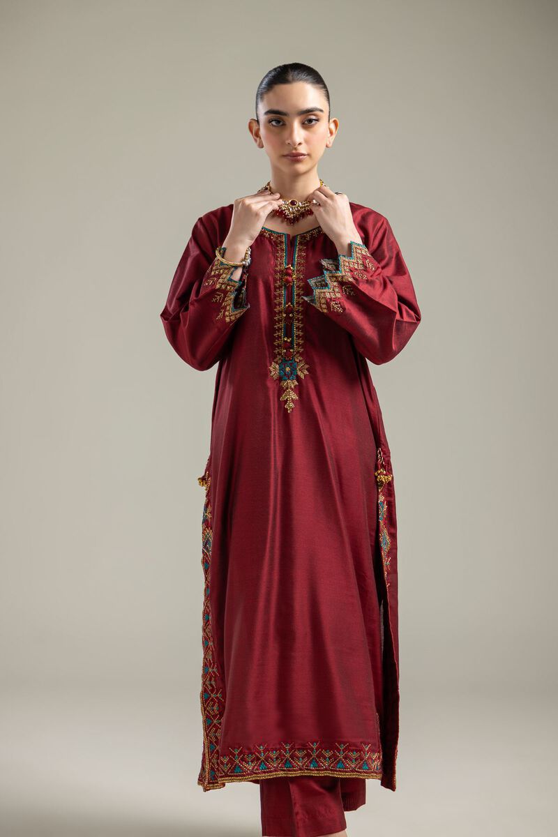 Raw Silk | Silk Maroon Kurta | USD 60.00