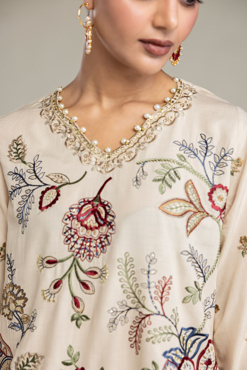 Embroidered | Raw Silk | Short V-Neck Kurta | USD 70.00
