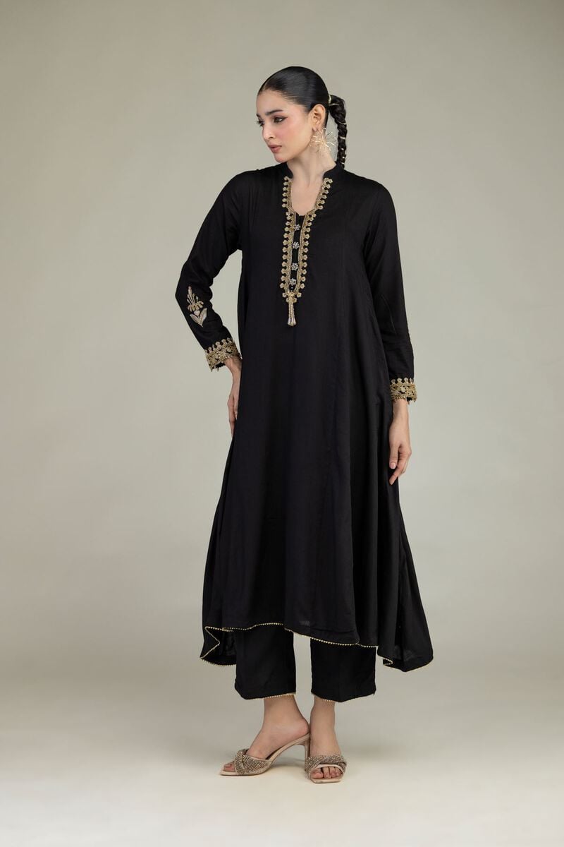 Embroidered | Raw Silk | Black Longline Kurta | USD 60.00