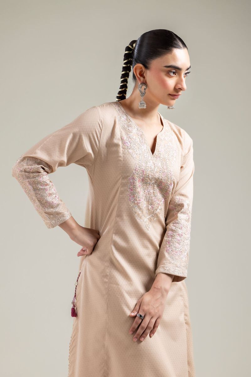 Embroidered |Cotton Dobby | Beige Embroidered Kurta | USD 40.00