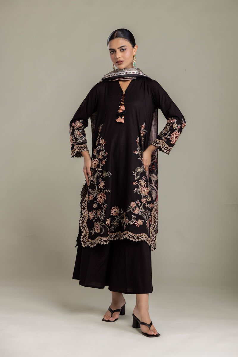 Embroidered | Raw Silk | Floral Black Kurta | USD 80.00
