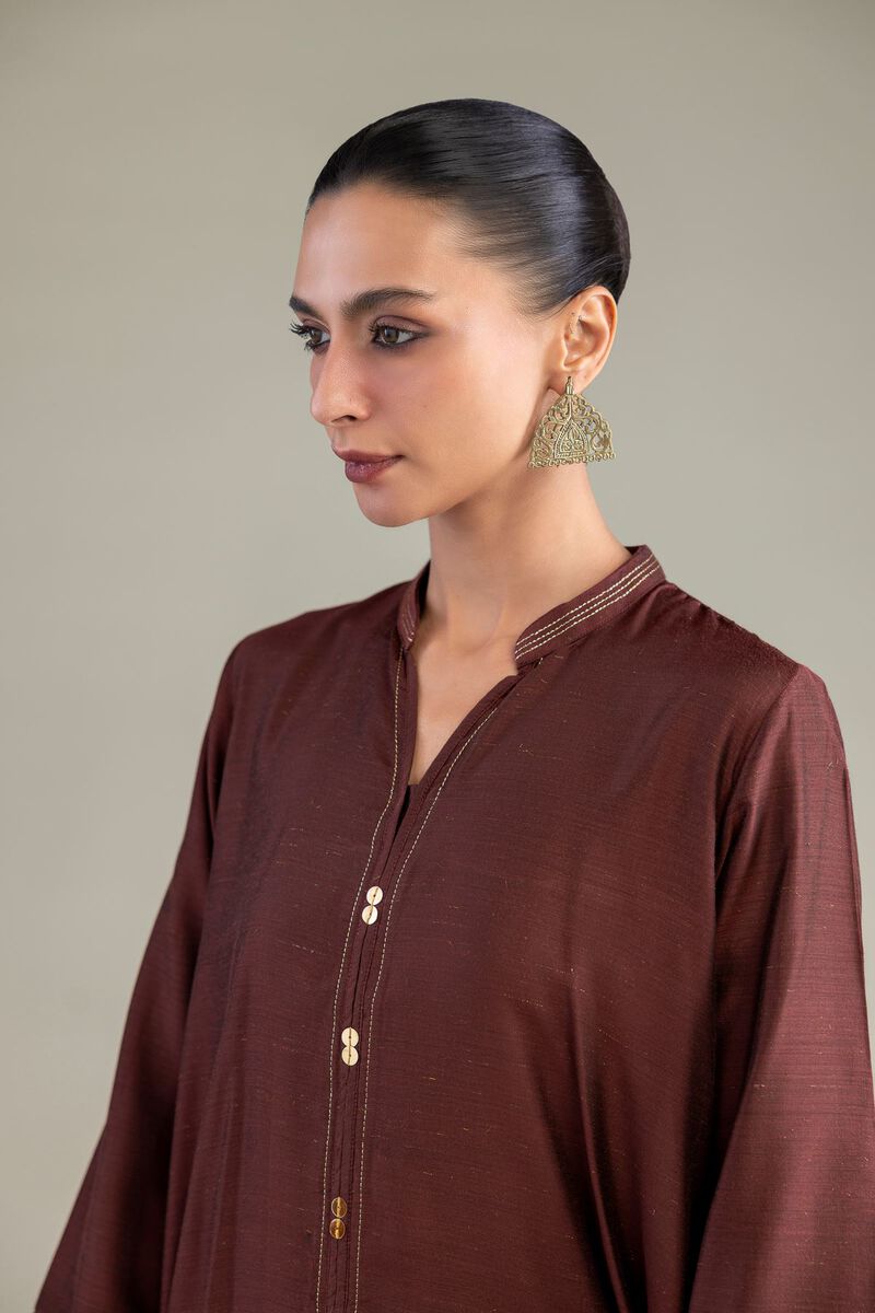 Dyed | Mesuri Silk | Brown V-Neck Kurta | USD 35.00